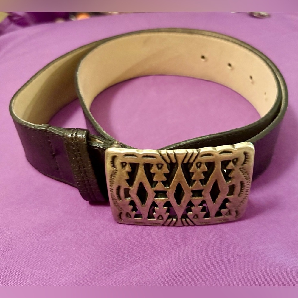 Vintage Silver Century Canada Aztec Native American Buckle Elite Leather Belt S